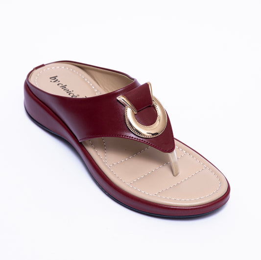 Women's Maroon Round Buckle Slipper