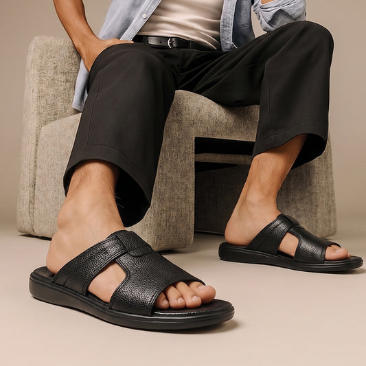 Men's Black Leather Strap Medicated Slippers