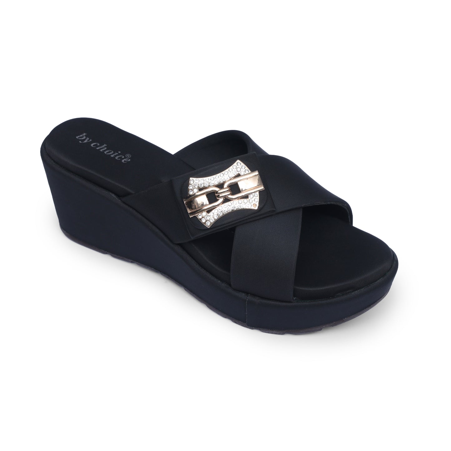 Women's Black Cross Strap Wedge Slippers