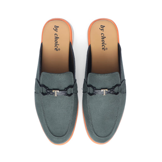 Green Suede Leather Backless Loafers