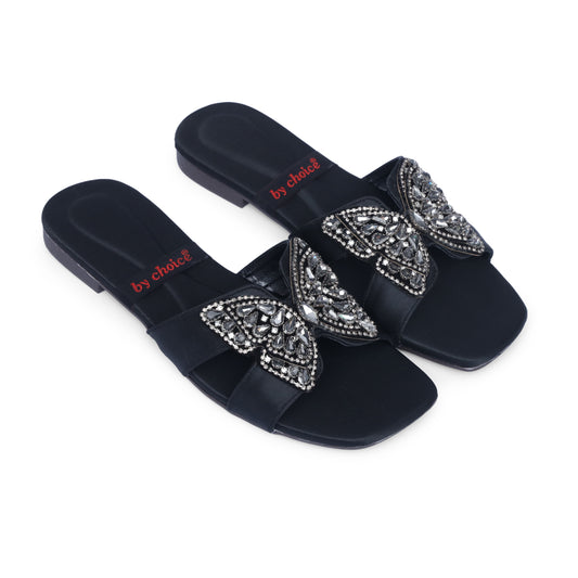 Women's Fancy Black Stone Butterfly Slippers