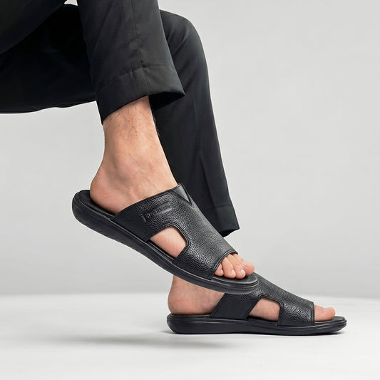 Men's Black Leather Medicated Slippers