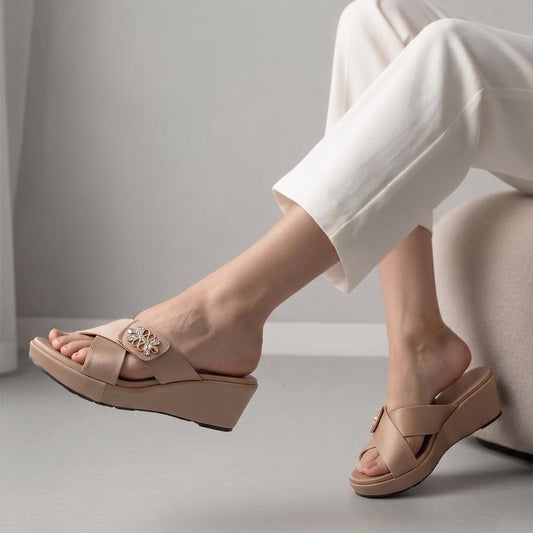 Women's Beige Cross Strap Wedge Slippers