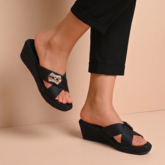 Women's Black Cross Strap Wedge Slippers