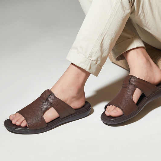 Men's Brown Leather Strap Medicated Slippers