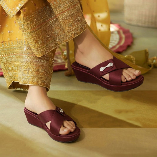 Women's Maroon Cross Strap Wedge Slippers