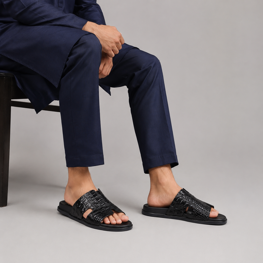 Men's Black Croc Leather Medicated Slippers