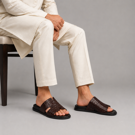 Men's Brown Croc Leather Medicated Slippers