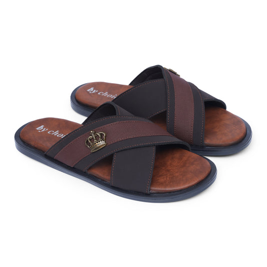 Men's Luxe Brown Cross Strap Slippers