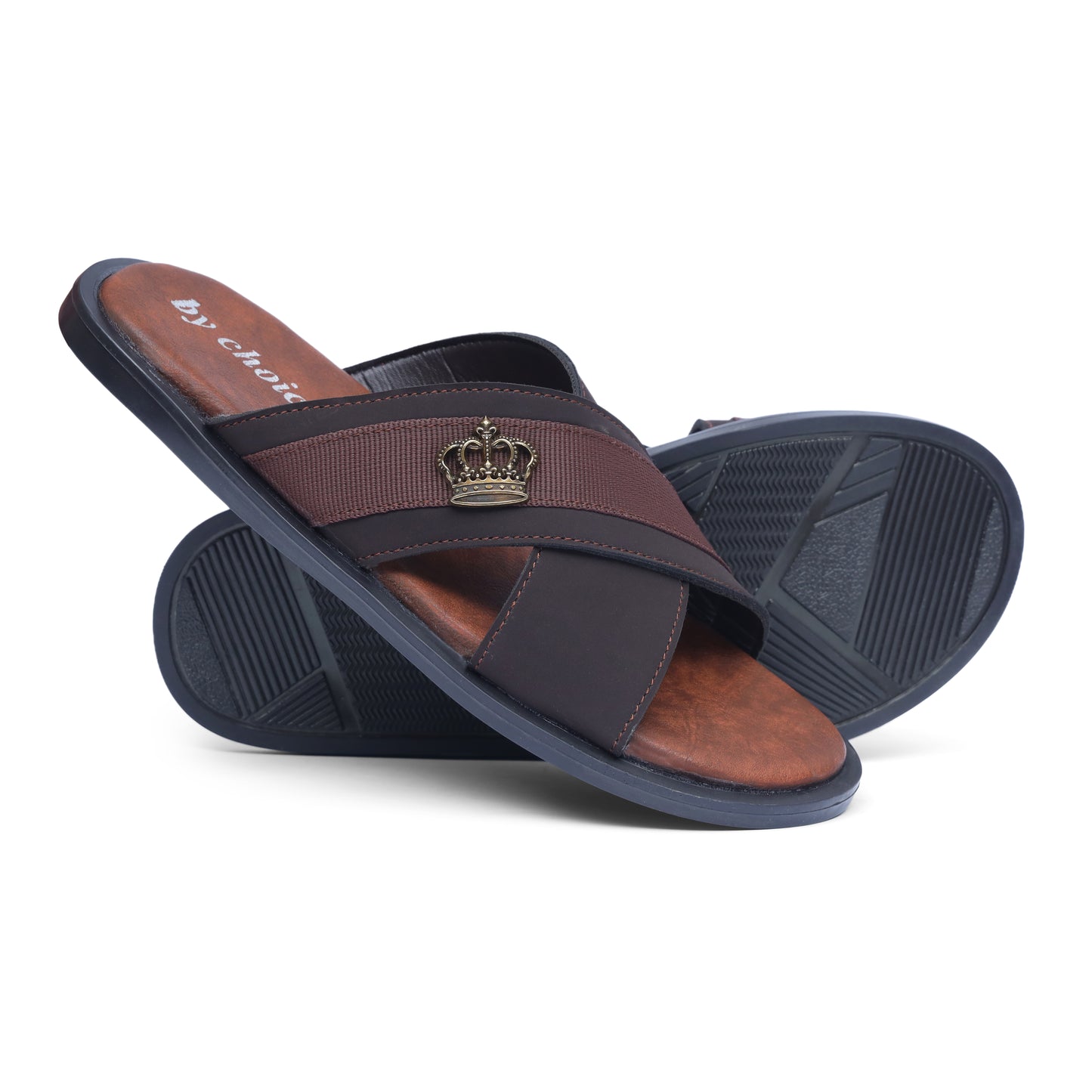 Men's Luxe Brown Cross Strap Slippers