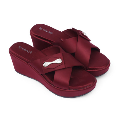 Women's Maroon Cross Strap Wedge Slippers