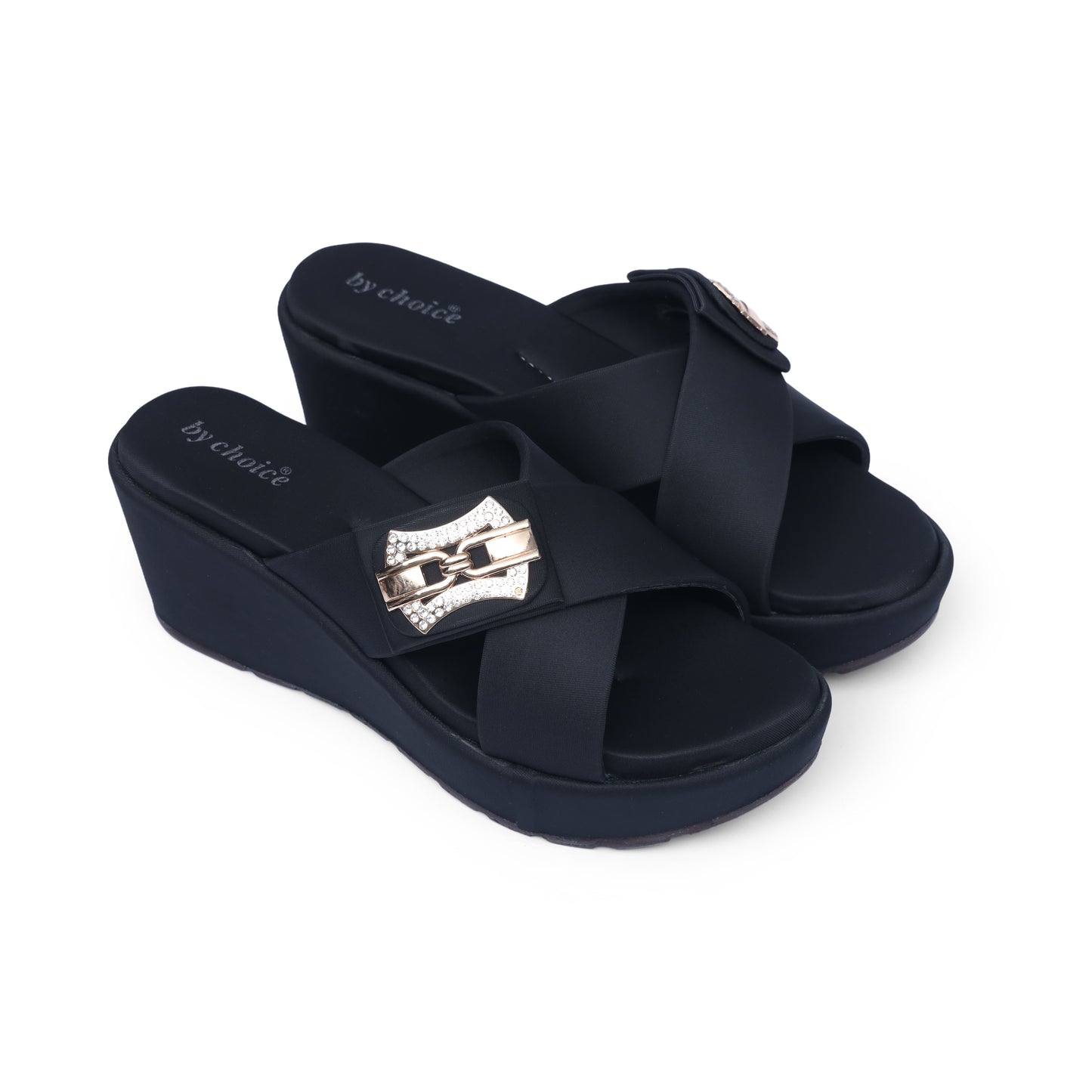 Women's Black Cross Strap Wedge Slippers