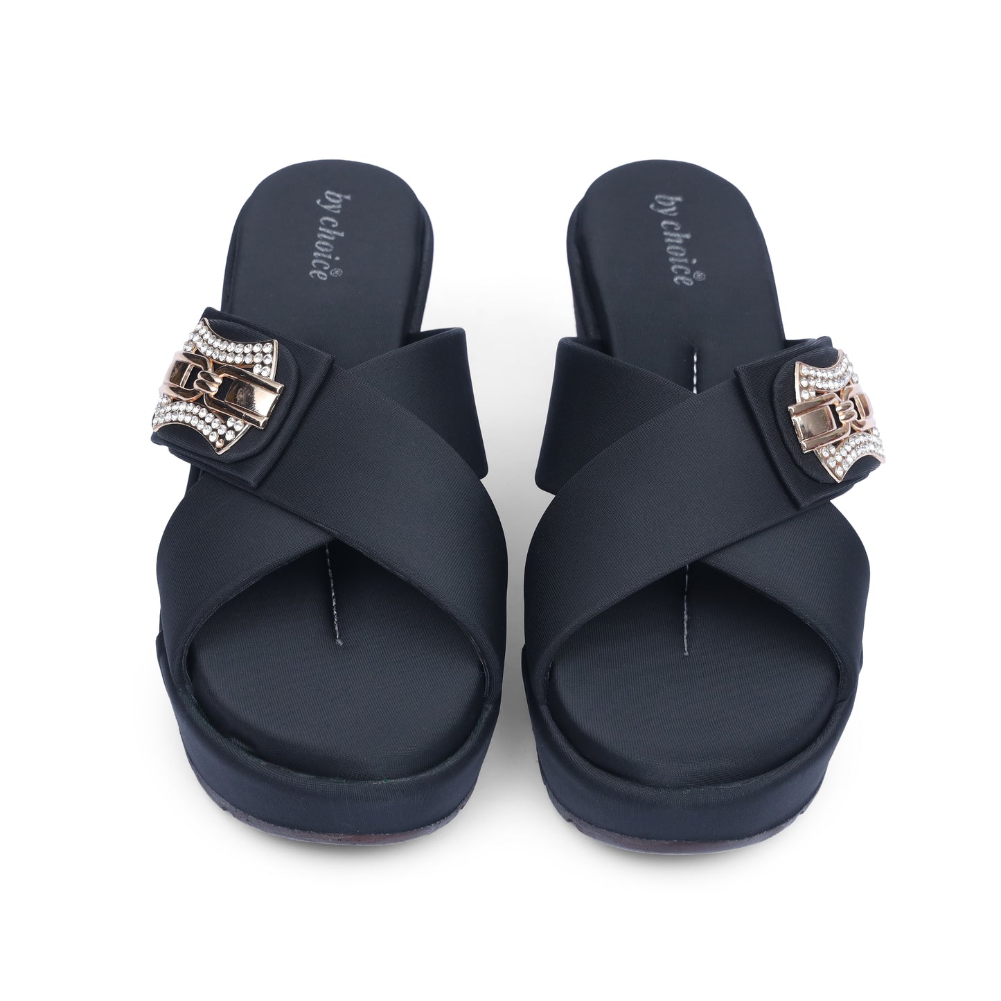Women's Black Cross Strap Wedge Slippers