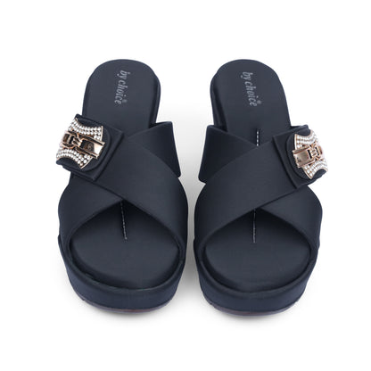 Women's Black Cross Strap Wedge Slippers