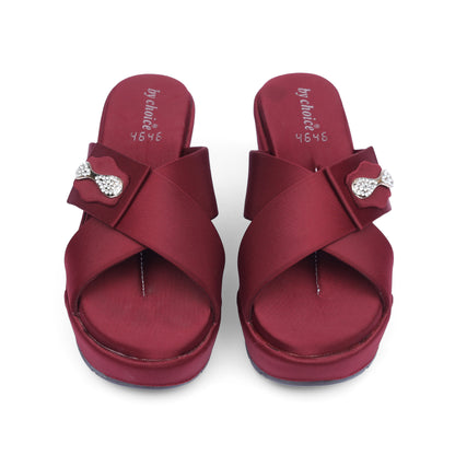 Women's Maroon Cross Strap Wedge Slippers