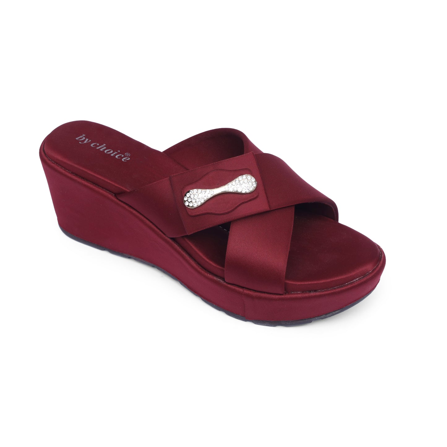Women's Maroon Cross Strap Wedge Slippers