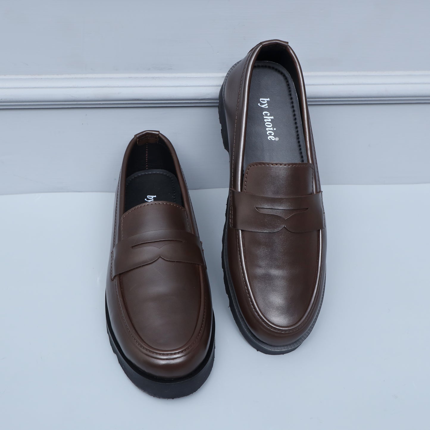 High sole brown penny strap loafer