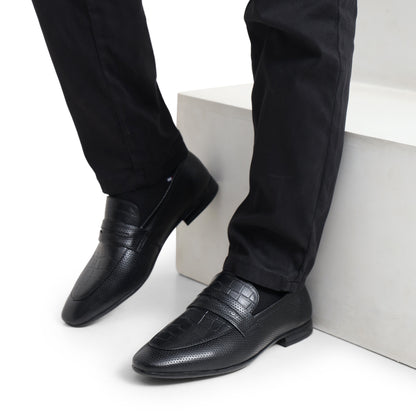 Black Leather Croc Penny Strap Shoes
