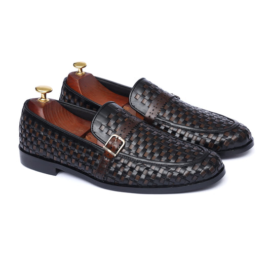 Brown Executive Woven Side-Buckle Shoes