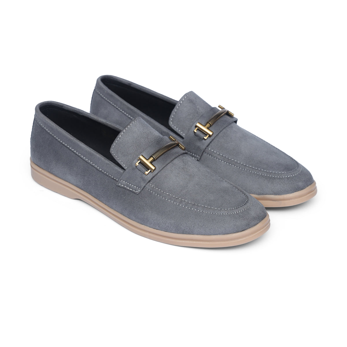 Grey Suede Leather Crest Loafers