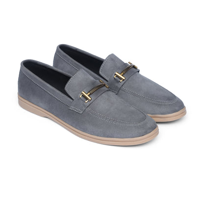 Grey Suede Leather Crest Loafers