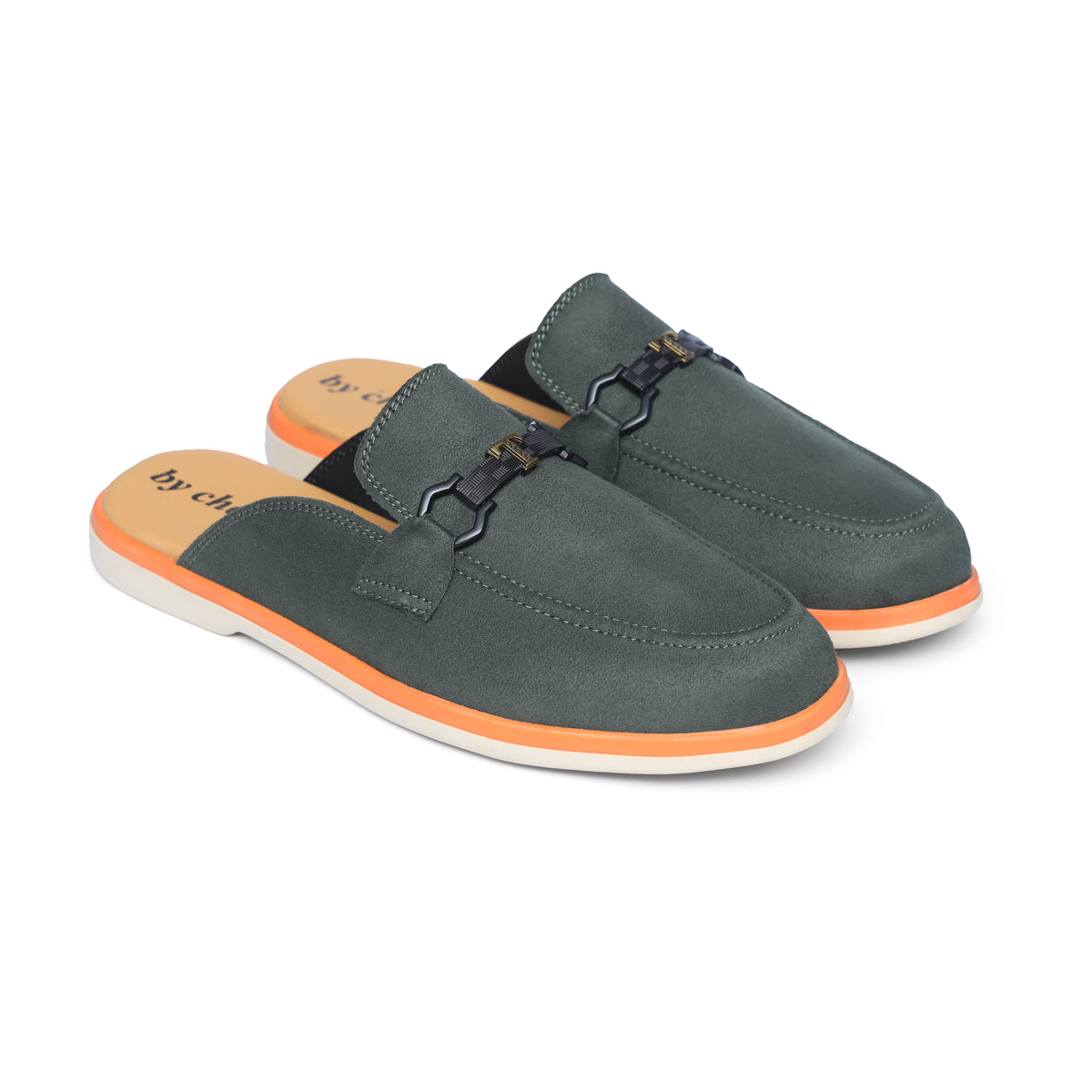 Green Suede Leather Backless Loafers
