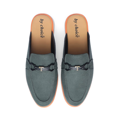 Green Suede Leather Backless Loafers