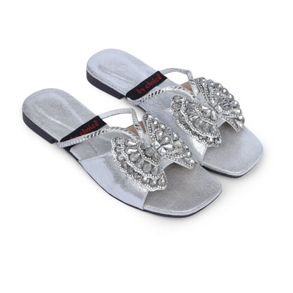 Women's Fancy Silver Stone Slippers
