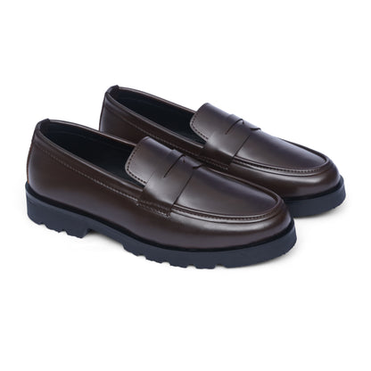 High sole brown penny strap loafer