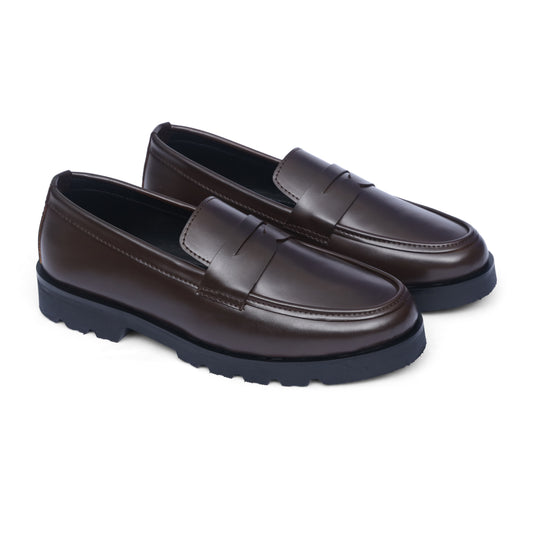 High sole brown penny strap loafer