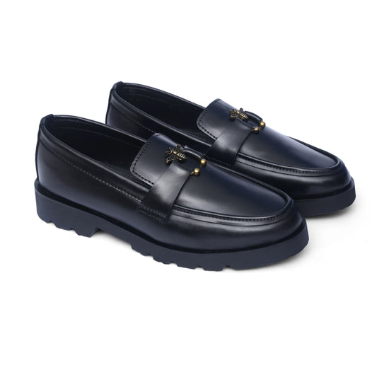 High Sole Black Bee Ring buckle Loafer