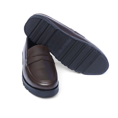 High sole brown penny strap loafer