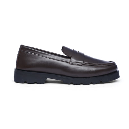 High sole brown penny strap loafer