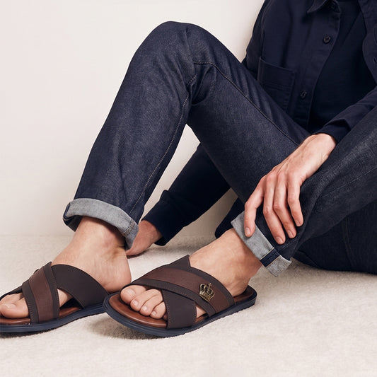 Men's Luxe Brown Cross Strap Slippers