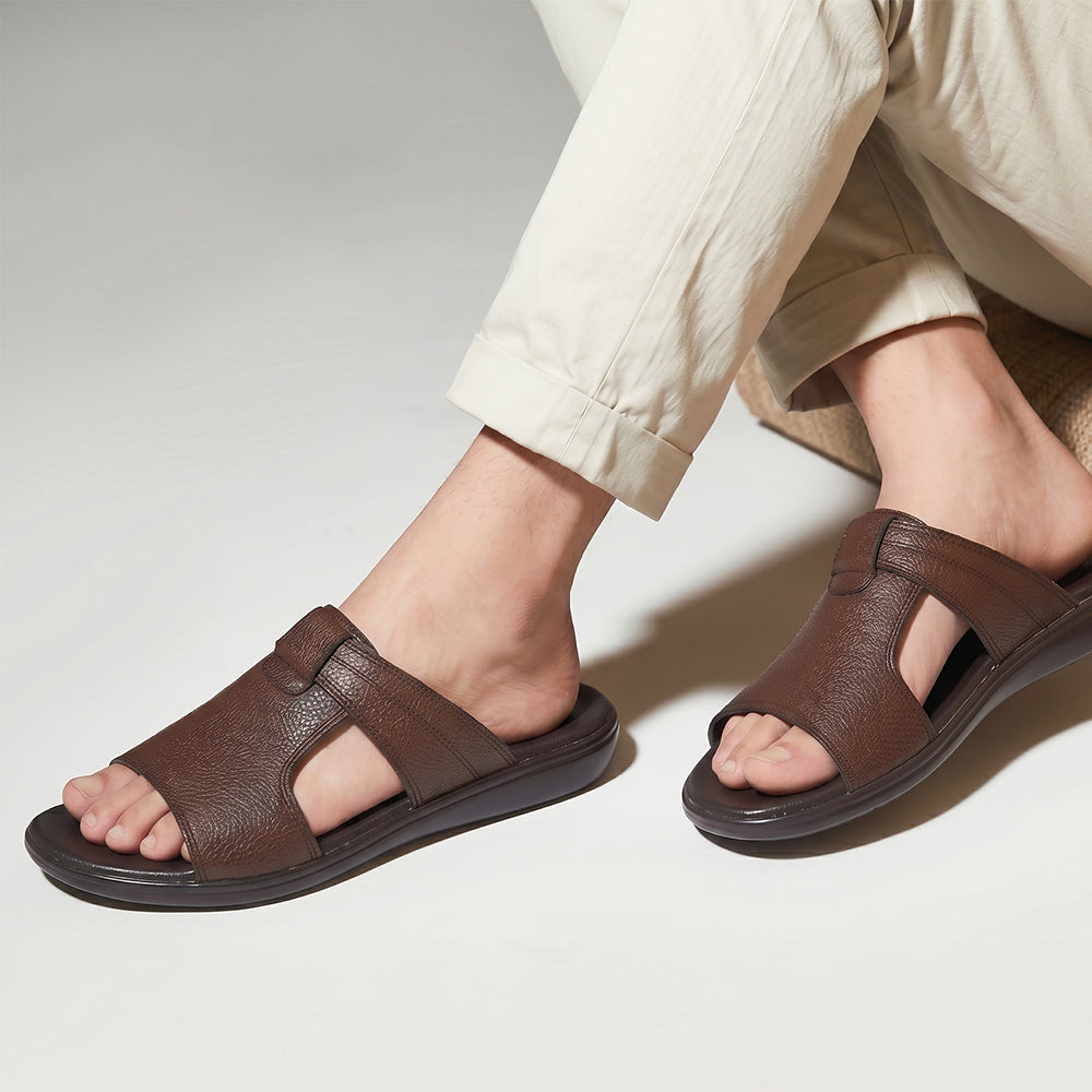 Men's Brown Leather Strap Medicated Slippers