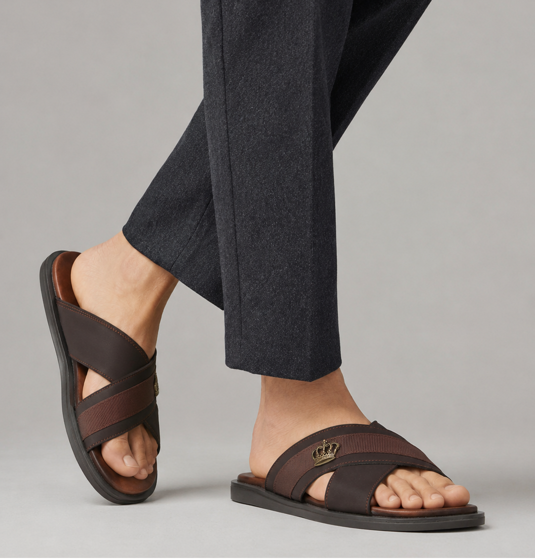 Men's Luxe Brown Cross Strap Slippers