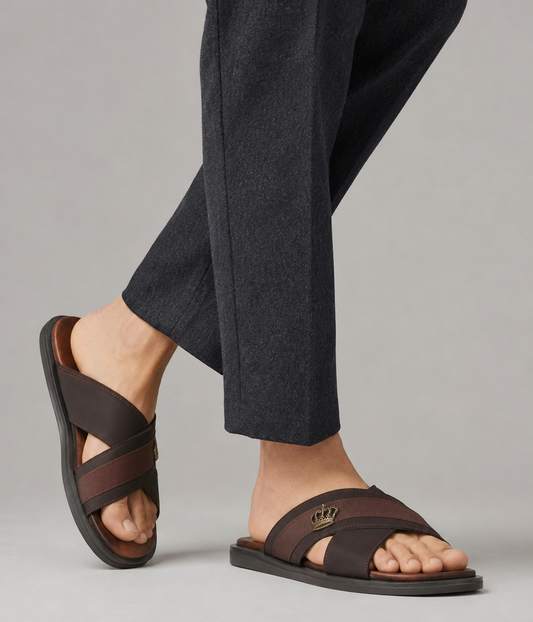Men's Luxe Brown Cross Strap Slippers
