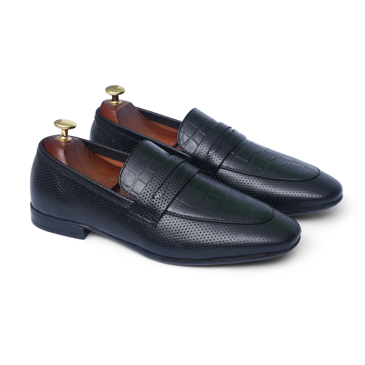Black Leather Croc Penny Strap Shoes