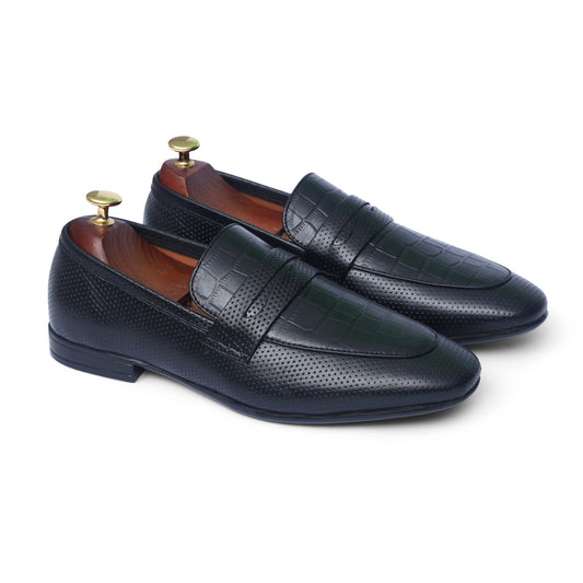 Black Leather Croc Penny Strap Shoes