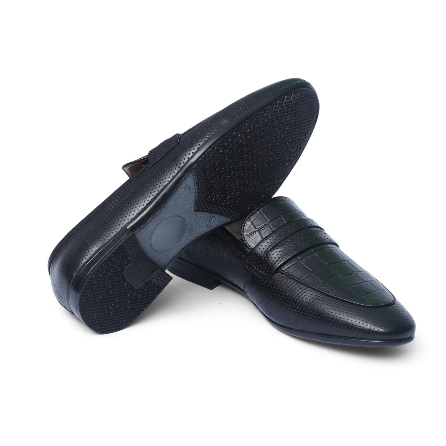 Black Leather Croc Penny Strap Shoes